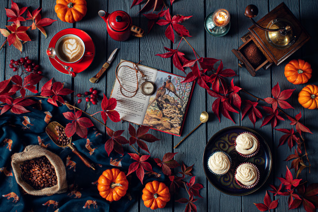 Cupcakes coffee autumn leaves lantern free wallpaper for desktop - medium preview image
