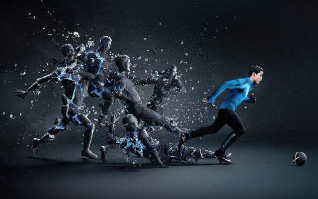 Kicking soccer group water splash free wallpaper for desktop - medium preview image