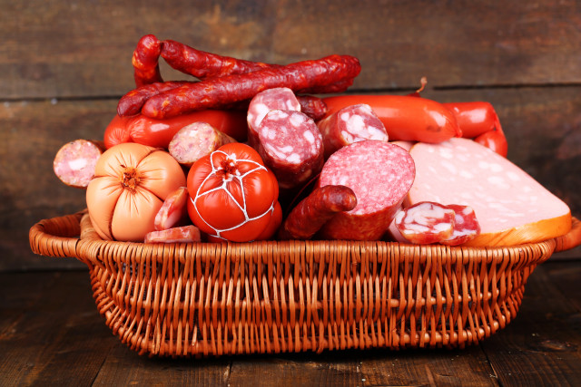 Basket sausages tomatoes wooden table free wallpaper for desktop - medium preview image