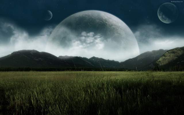 Field mountains moon clouds sky free wallpaper for desktop - medium preview image