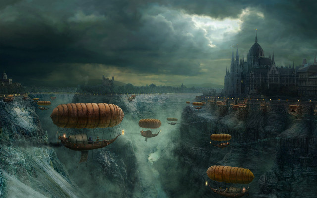 Castle hotairballoons river cityscape mattefantasy free wallpaper for desktop - medium preview image