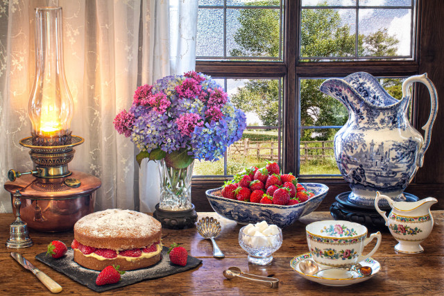 Table cake strawberries vase flowers free wallpaper for desktop - medium preview image