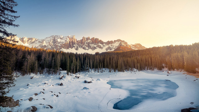 Snowy mountain lake forest sunset free wallpaper for desktop - medium preview image