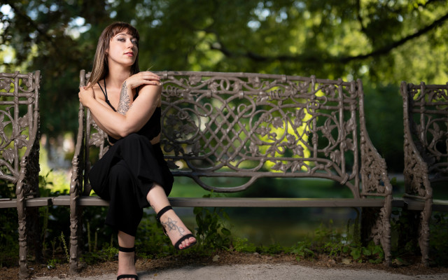 Woman bench park crossed sitting free wallpaper for desktop - medium preview image