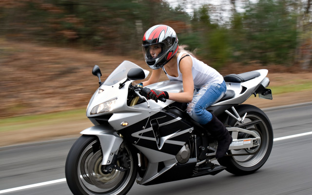 Woman motorcycle forest street motionblur free wallpaper for desktop - medium preview image
