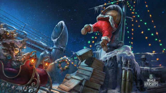 Santa sleigh snowy city night free wallpaper for desktop - medium preview image
