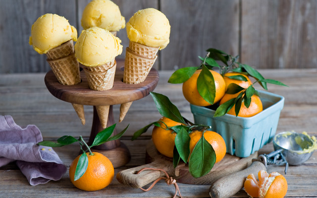 Oranges icecream cones basket wooden free wallpaper for desktop - medium preview image