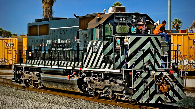 Train people palm tree yellow free wallpaper for desktop - medium preview image