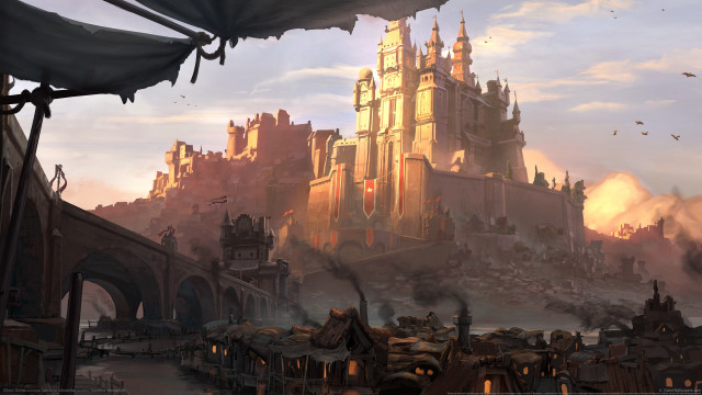Castle smoke bridge fantasy dusk free wallpaper for desktop - medium preview image