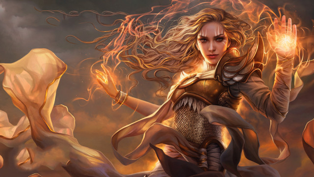 Woman flame sword armor embers free wallpaper for desktop - medium preview image