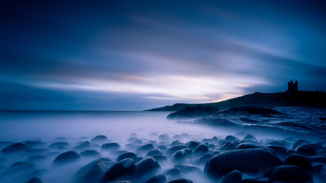 Lighthouse rocky beach night fog free wallpaper for desktop - medium preview image