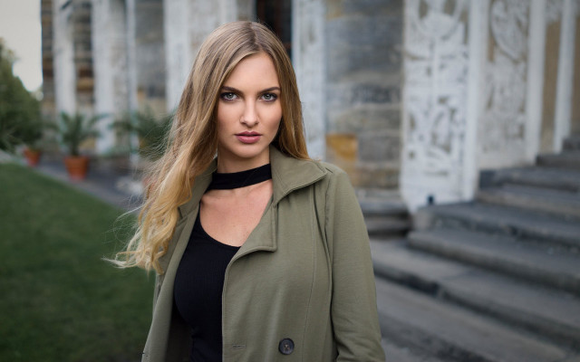 Woman green coat blonde portrait free wallpaper for desktop - medium preview image