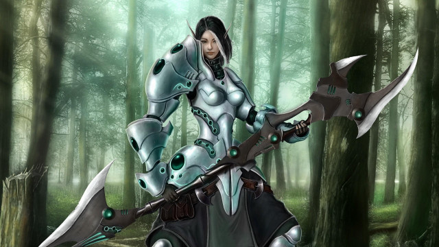 Woman forest armor weapon glowing free wallpaper for desktop - medium preview image