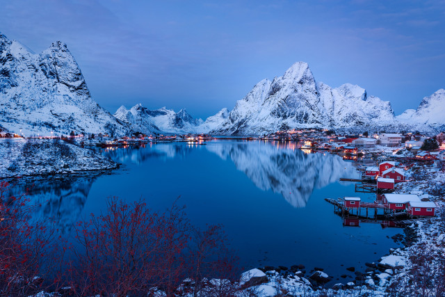 Snowy mountain lake town cherry free wallpaper for desktop - medium preview image