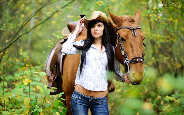 Cowgirl horse woods outdoors denim free wallpaper for desktop - medium preview image