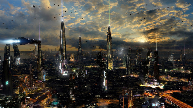 Futuristic city night birds skyline free wallpaper for desktop - medium preview image