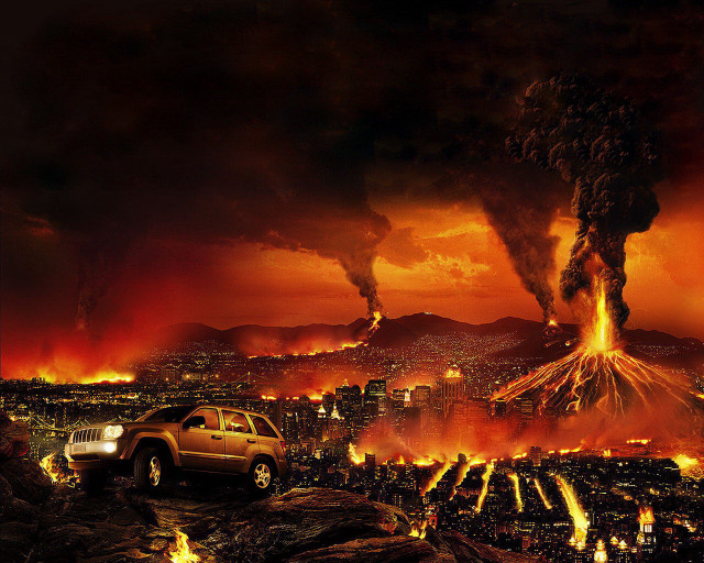 Volcano lava bridge cityscape fire free wallpaper for desktop - medium preview image