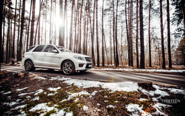 White car driving forest snow free wallpaper for desktop - medium preview image