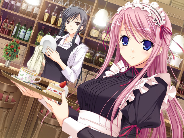 Anime girls restaurant food wine free wallpaper for desktop - medium preview image