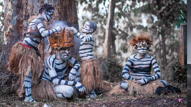 Three people striped costumes woods free wallpaper for desktop - medium preview image