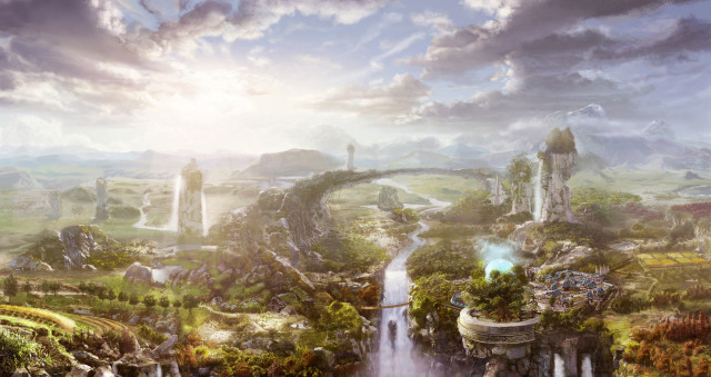 Fantasy waterfall lush fields floating free wallpaper for desktop - medium preview image