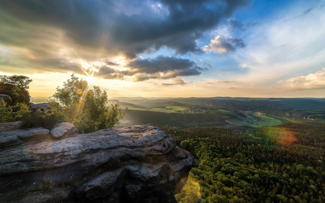 Sunset valley forest mountain lake free wallpaper for desktop - medium preview image