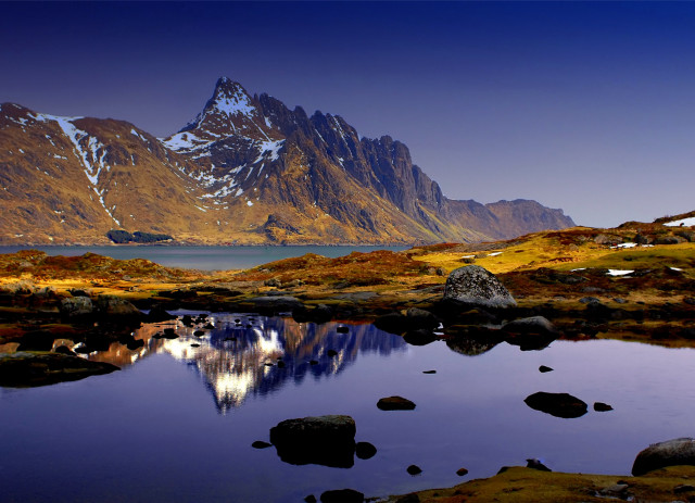 Mountain lake sunset city reflection free wallpaper for desktop - medium preview image