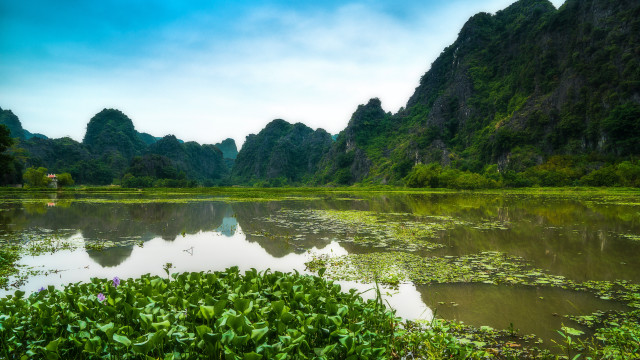 Lake mountains greenery sky clouds free wallpaper for desktop - medium preview image