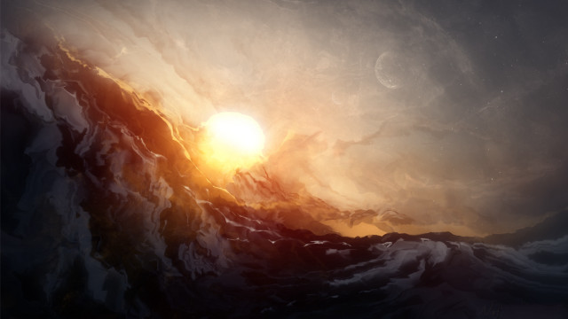 Sunset wave ocean mountain city free wallpaper for desktop - medium preview image