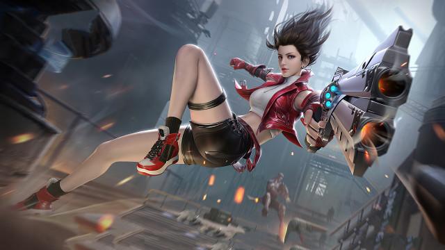 Futuristic city woman gun red free wallpaper for desktop - medium preview image