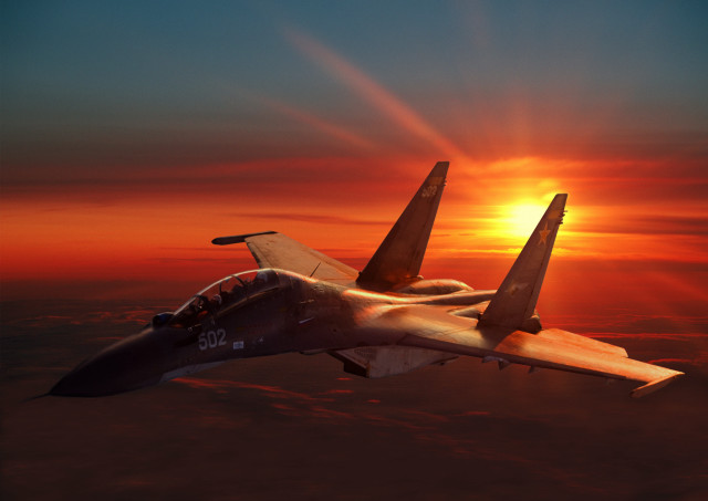 Fighter jet sunset clouds backlit free wallpaper for desktop - medium preview image