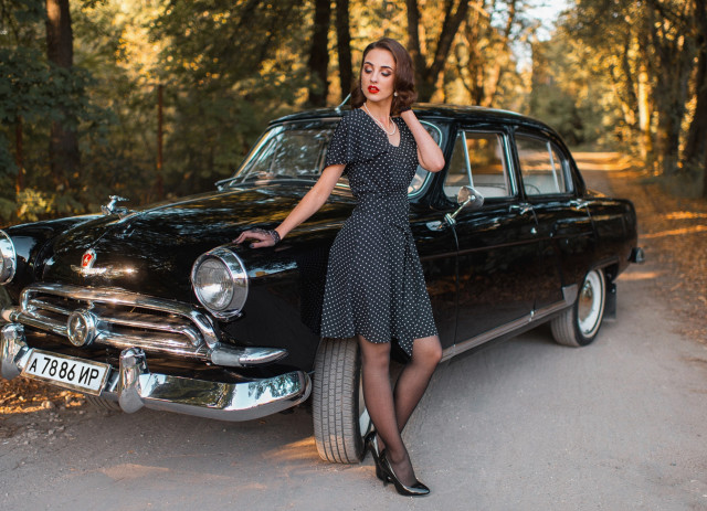 Woman dress leaning car woods free wallpaper for desktop - medium preview image