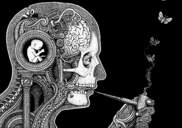 Skeleton smoking clock butterfly drawing free wallpaper for desktop - medium preview image