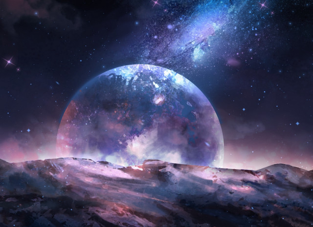 Large planet starry sky mountains free wallpaper for desktop - medium preview image