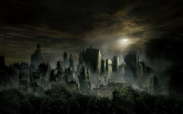 Gothic city moon fog forest free wallpaper for desktop - medium preview image