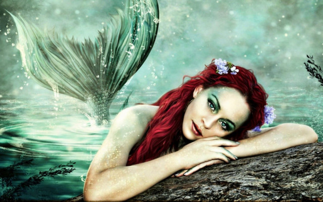 Red haired mermaid green dress free wallpaper for desktop - medium preview image
