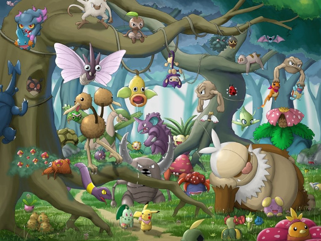 Cartoon animals forest tree mushrooms free wallpaper for desktop - medium preview image
