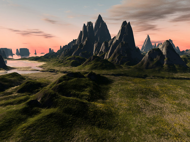 Mountain lake cityscape dusk sunset free wallpaper for desktop - medium preview image