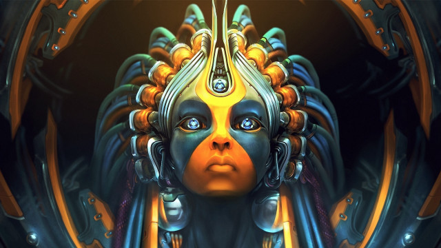 Afrofuturism blueeyes yellowheaddress orangeaccents cyberpunk free wallpaper for desktop - medium preview image