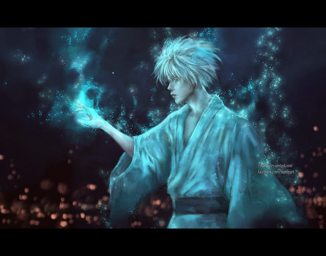 White haired man holding green free wallpaper for desktop - medium preview image