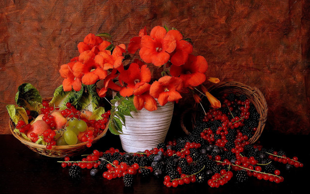 Flowers berries basket table stilllife free wallpaper for desktop - medium preview image