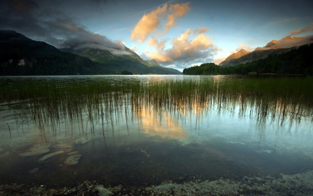 Lake reflection mountains sunset clouds free wallpaper for desktop - medium preview image