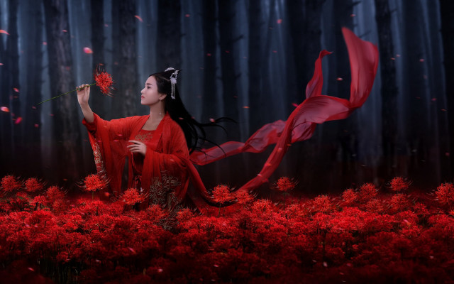 Woman red dress flower forest free wallpaper for desktop - medium preview image