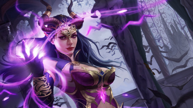 Horned woman purple outfit magic free wallpaper for desktop - medium preview image