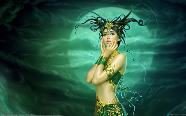 Woman green gold costume wind free wallpaper for desktop - medium preview image