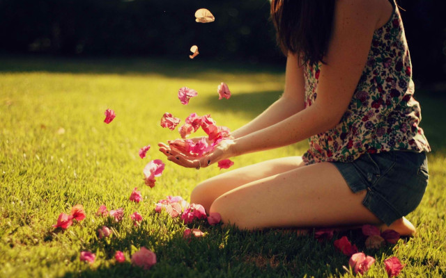 Woman kneeling pink flowers butterfly free wallpaper for desktop - medium preview image