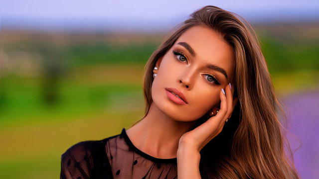 Woman long hair green field #2 free wallpaper for desktop - medium preview image