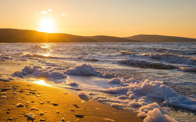 Beach waves sunset mountains shore free wallpaper for desktop - medium preview image