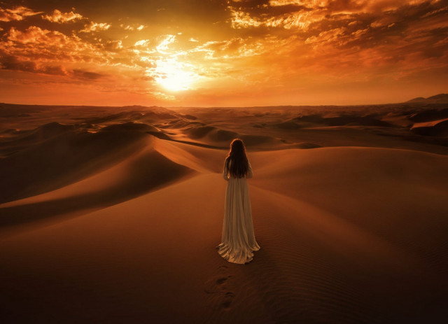 Woman white dress desert sunset #2 free wallpaper for desktop - medium preview image