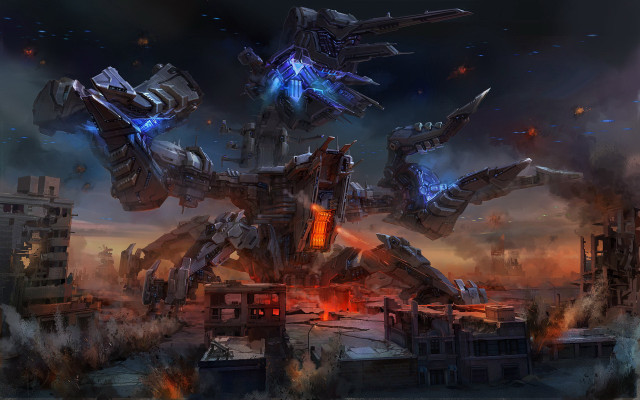 Futuristic city giant robot destruction free wallpaper for desktop - medium preview image